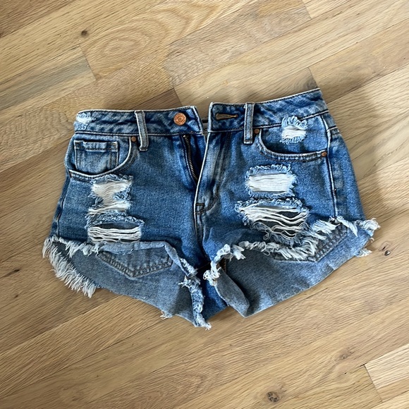 PacSun Ripped washed blue High Waisted Denim Festival Shorts. Note- size 22! - Picture 5 of 8